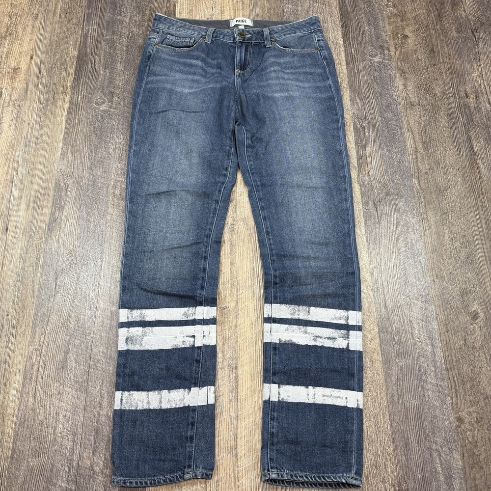 PAIGE Jimmy Skinny Jeans Women's 26 Blue Denim Medium Wash White Painted Stripes